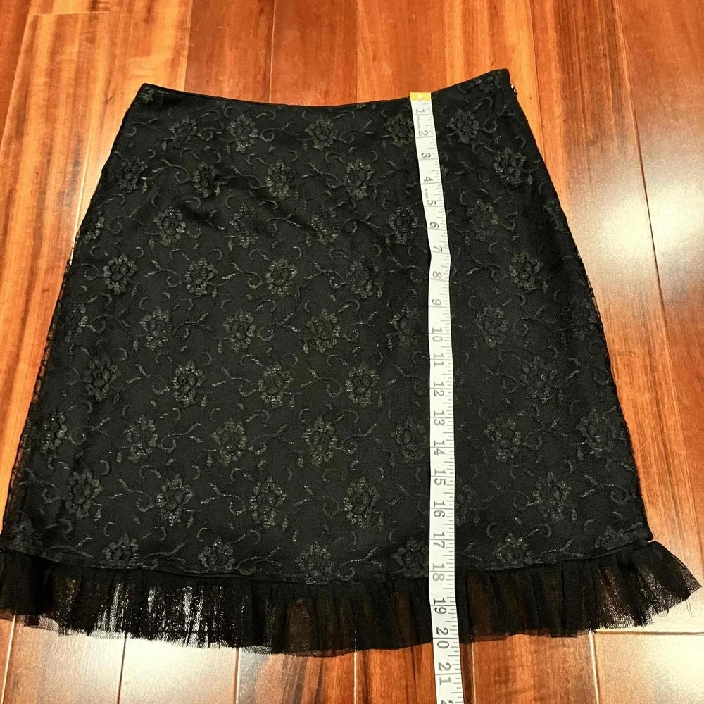 Sharon Endick Vintage Black Lace Skirt Coquette Floral Pencil Ruffled Hem Size 8